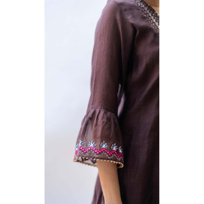 AM by Anita Mittal Brown Mul Aqsa A-Line Kurta with Pant and Dupatta