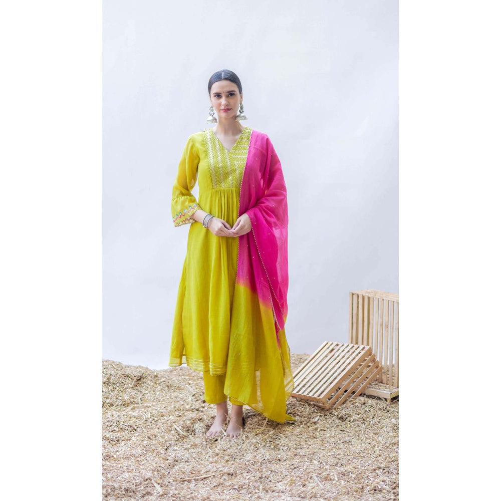 AM by Anita Mittal Yellow Mul Aqsa A-Line Kurta with Pant and Dupatta