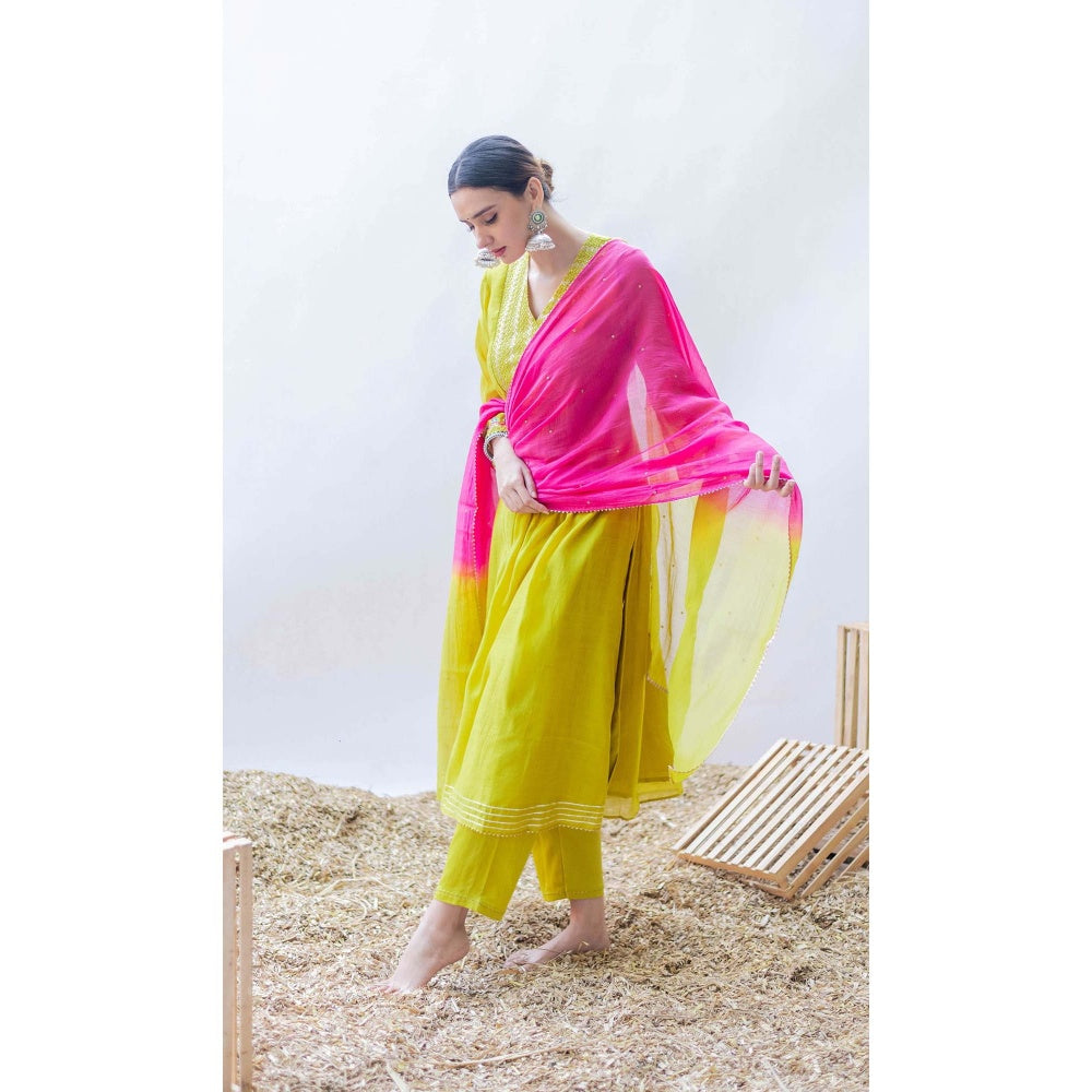AM by Anita Mittal Yellow Mul Aqsa A-Line Kurta with Pant and Dupatta