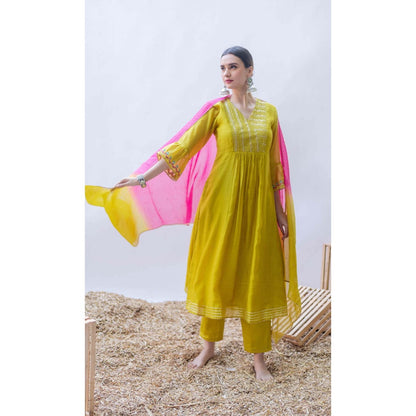 AM by Anita Mittal Yellow Mul Aqsa A-Line Kurta with Pant and Dupatta