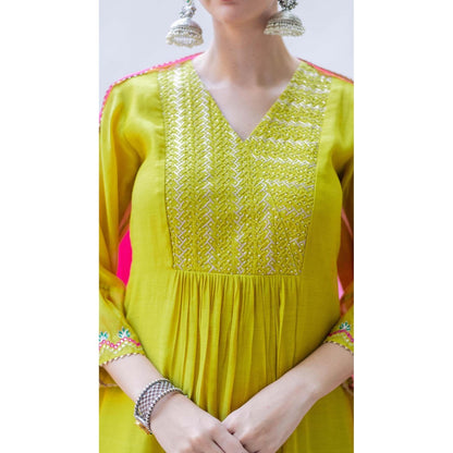 AM by Anita Mittal Yellow Mul Aqsa A-Line Kurta with Pant and Dupatta