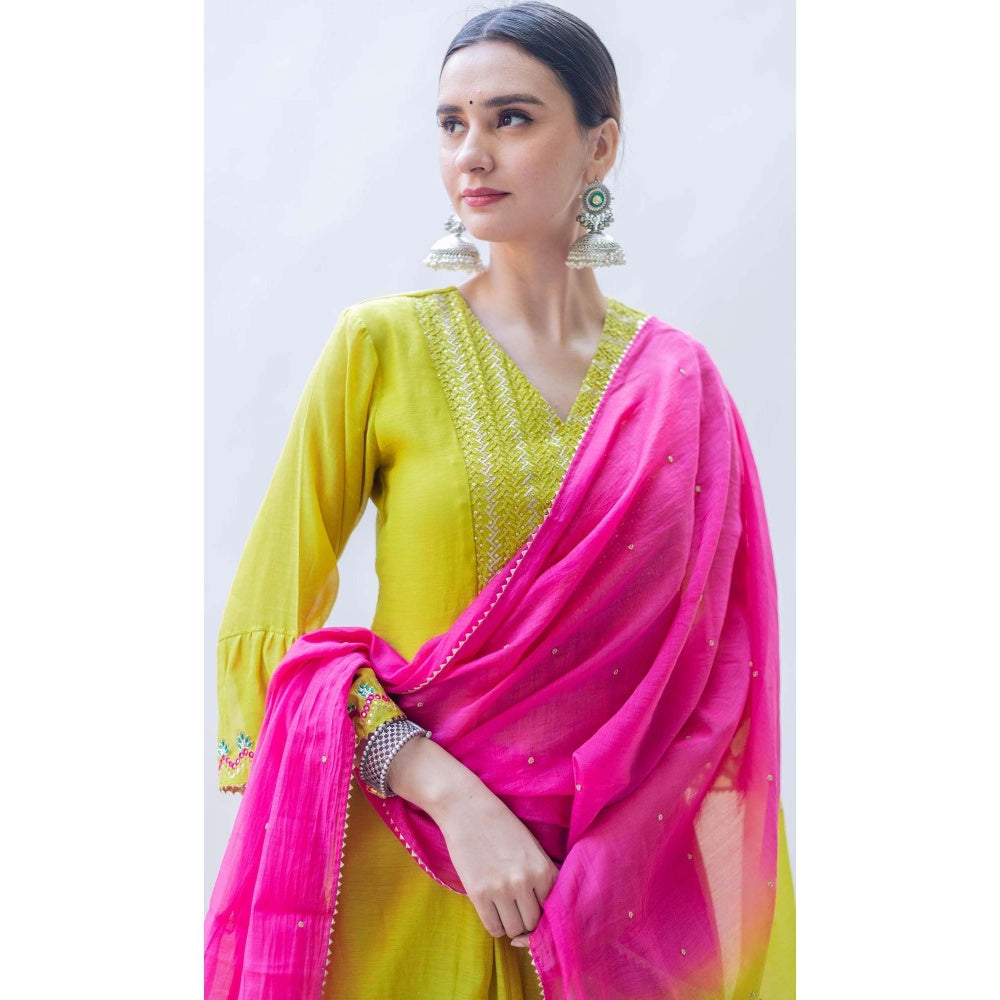 AM by Anita Mittal Yellow Mul Aqsa A-Line Kurta with Pant and Dupatta