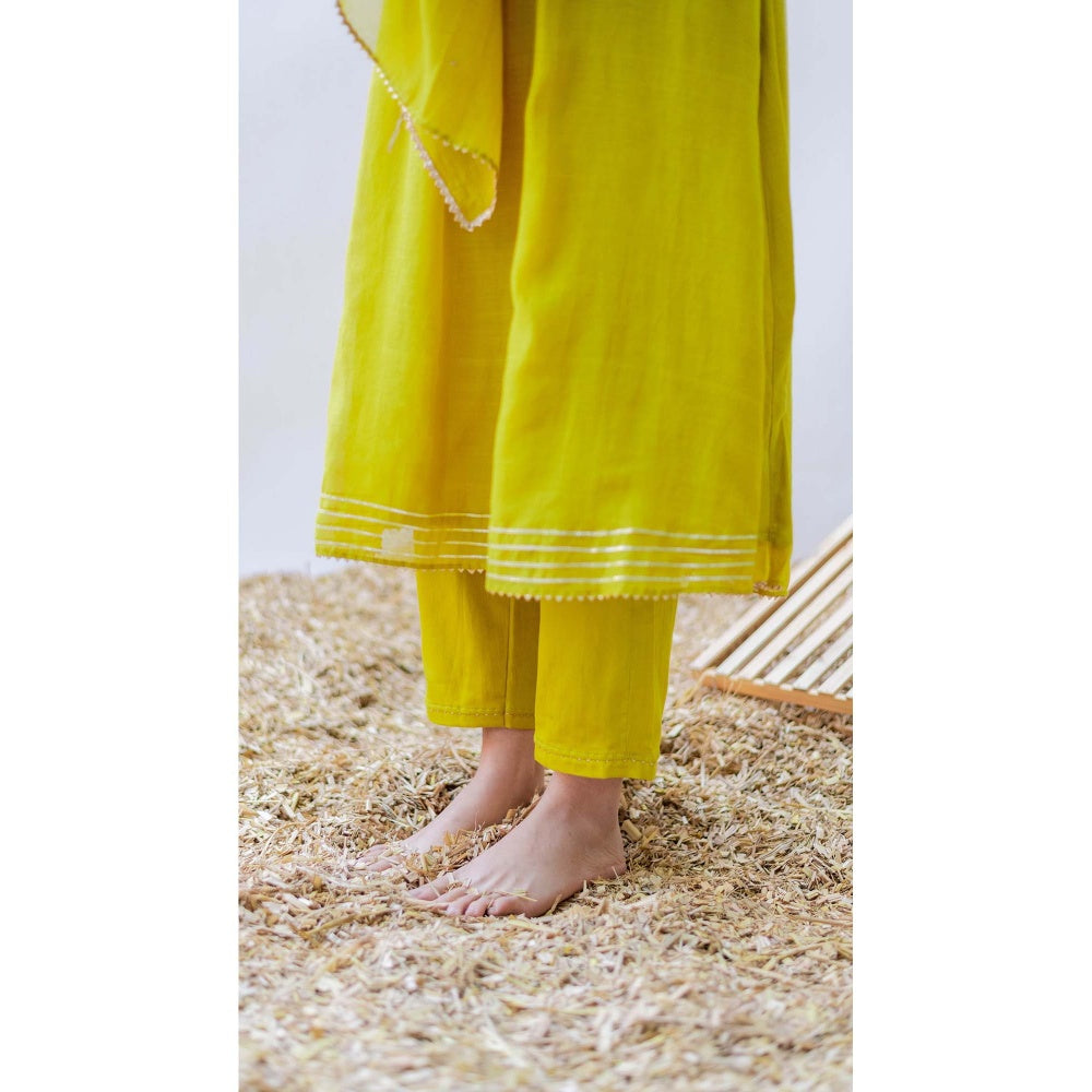 AM by Anita Mittal Yellow Mul Aqsa A-Line Kurta with Pant and Dupatta