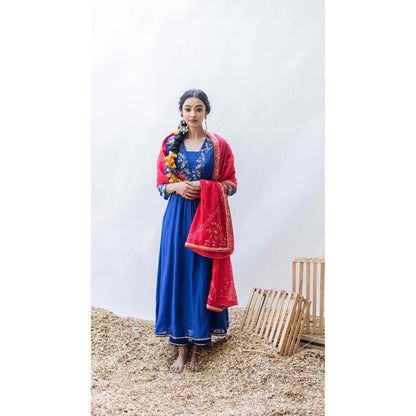 AM by Anita Mittal Blue Mul Leila A-Line Kurta with Pant and Dupatta