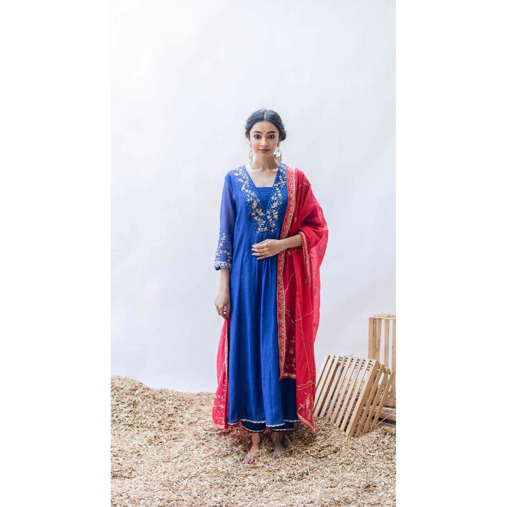 AM by Anita Mittal Blue Mul Leila A-Line Kurta with Pant and Dupatta