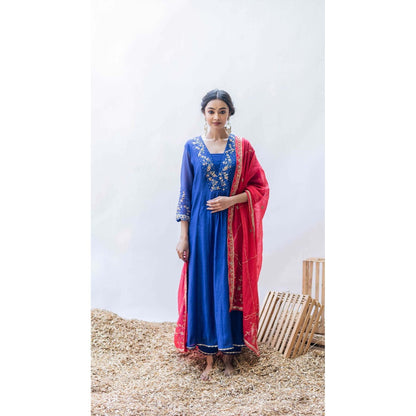 AM by Anita Mittal Blue Mul Leila A-Line Kurta with Pant and Dupatta