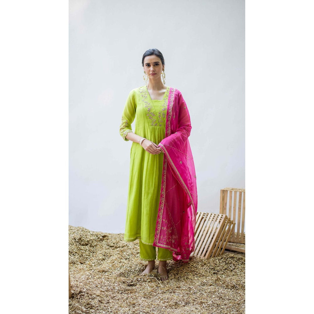 AM by Anita Mittal Green Mul Leila A-Line Kurta with Pant and Dupatta