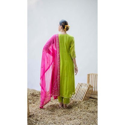 AM by Anita Mittal Green Mul Leila A-Line Kurta with Pant and Dupatta