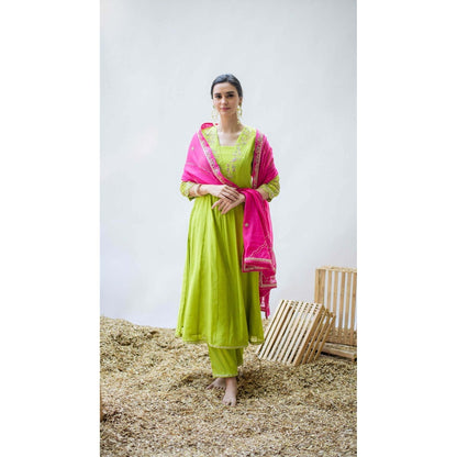 AM by Anita Mittal Green Mul Leila A-Line Kurta with Pant and Dupatta