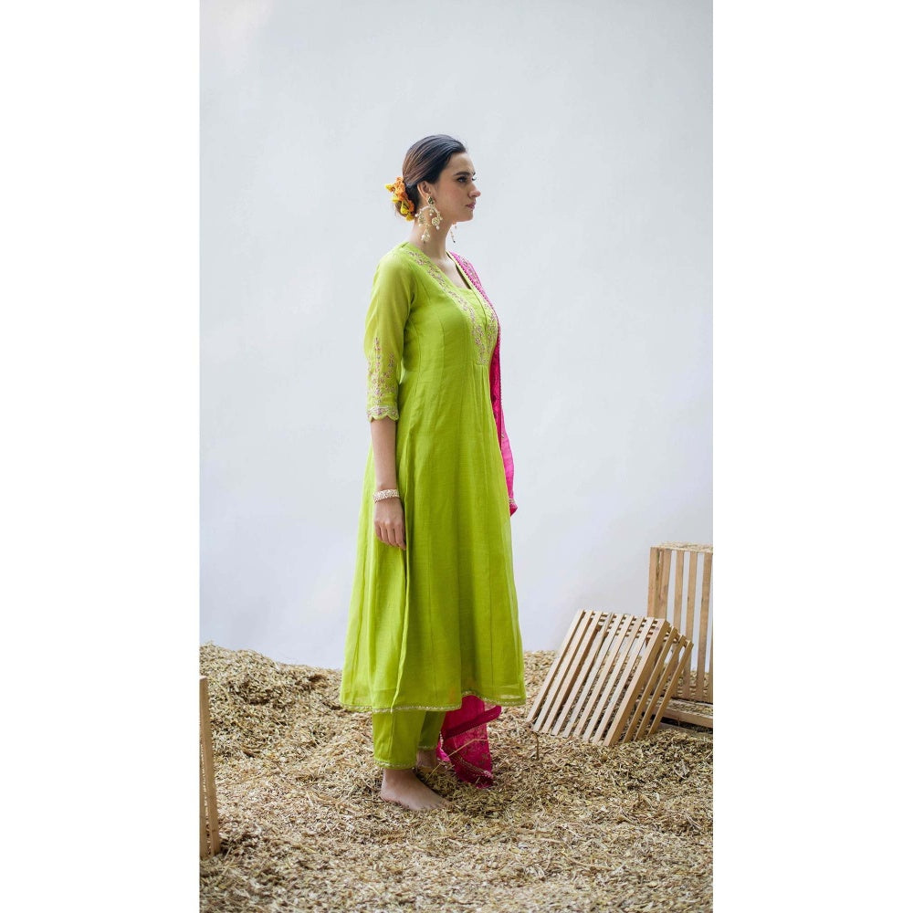 AM by Anita Mittal Green Mul Leila A-Line Kurta with Pant and Dupatta