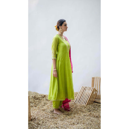 AM by Anita Mittal Green Mul Leila A-Line Kurta with Pant and Dupatta