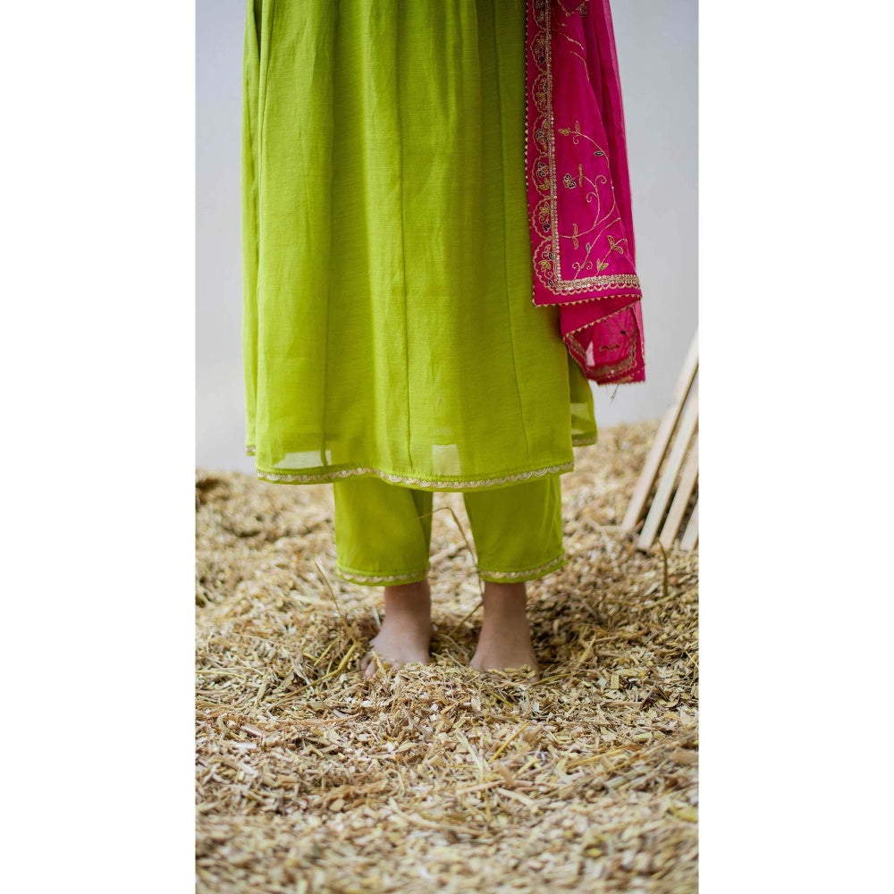 AM by Anita Mittal Green Mul Leila A-Line Kurta with Pant and Dupatta
