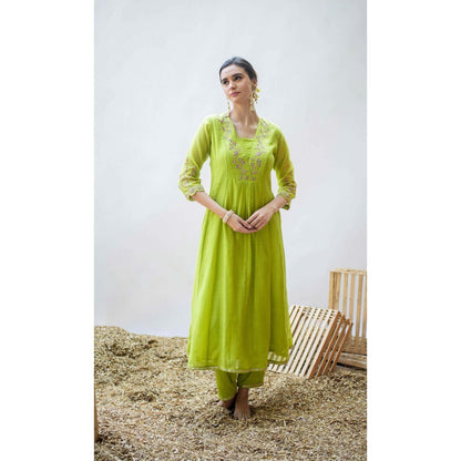 AM by Anita Mittal Green Mul Leila A-Line Kurta with Pant and Dupatta