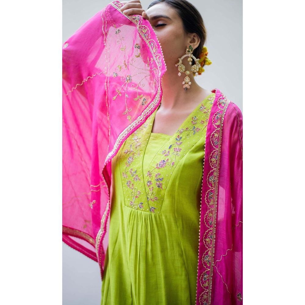 AM by Anita Mittal Green Mul Leila A-Line Kurta with Pant and Dupatta