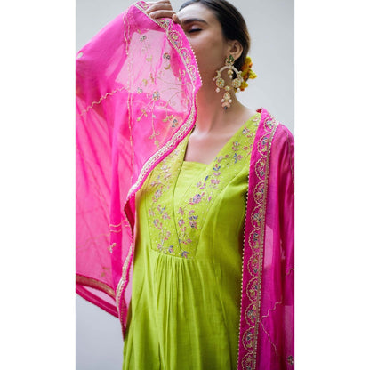 AM by Anita Mittal Green Mul Leila A-Line Kurta with Pant and Dupatta