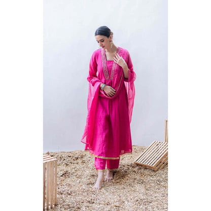 AM by Anita Mittal Pink Pure Cotton Yara A-Line Kurta with Pant and Dupatta
