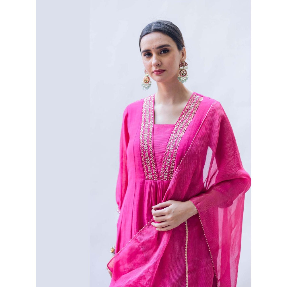 AM by Anita Mittal Pink Pure Cotton Yara A-Line Kurta with Pant and Dupatta