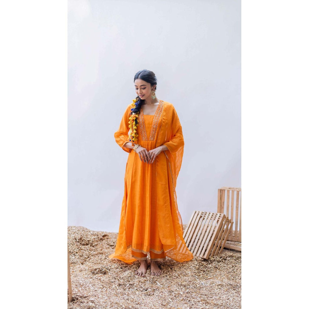AM by Anita Mittal Orange Pure Cotton Yara A-Line Kurta with Pant and Dupatta