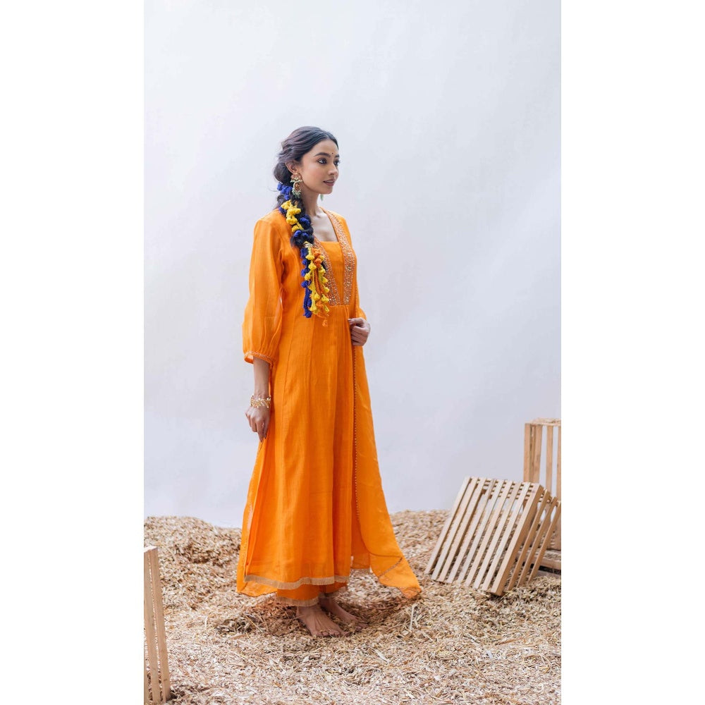 AM by Anita Mittal Orange Pure Cotton Yara A-Line Kurta with Pant and Dupatta
