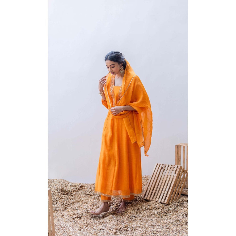 AM by Anita Mittal Orange Pure Cotton Yara A-Line Kurta with Pant and Dupatta