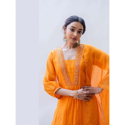 AM by Anita Mittal Orange Pure Cotton Yara A-Line Kurta with Pant and Dupatta