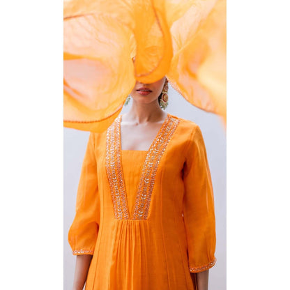 AM by Anita Mittal Orange Pure Cotton Yara A-Line Kurta with Pant and Dupatta