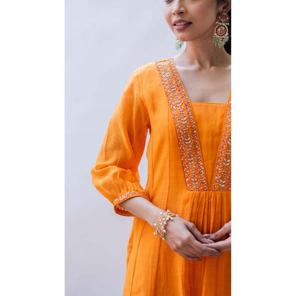AM by Anita Mittal Orange Pure Cotton Yara A-Line Kurta with Pant and Dupatta