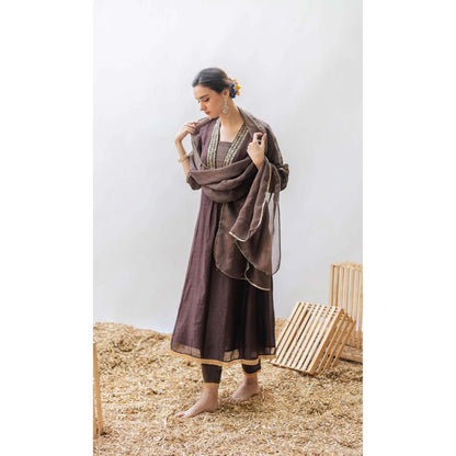 AM by Anita Mittal Brown Pure Cotton Yara A-Line Kurta with Pant and Dupatta
