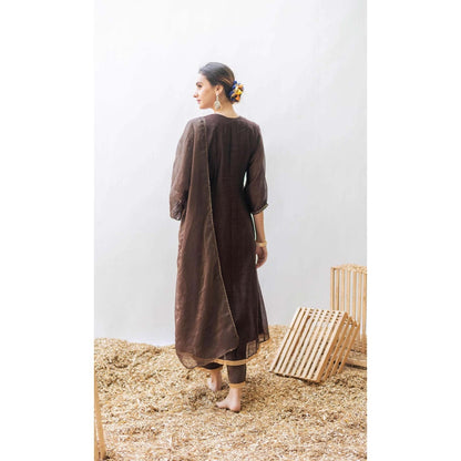 AM by Anita Mittal Brown Pure Cotton Yara A-Line Kurta with Pant and Dupatta