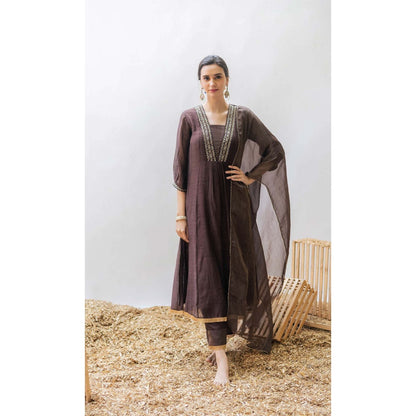 AM by Anita Mittal Brown Pure Cotton Yara A-Line Kurta with Pant and Dupatta