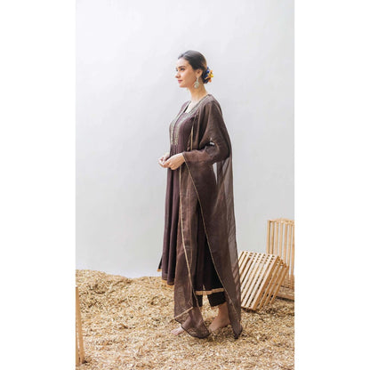 AM by Anita Mittal Brown Pure Cotton Yara A-Line Kurta with Pant and Dupatta
