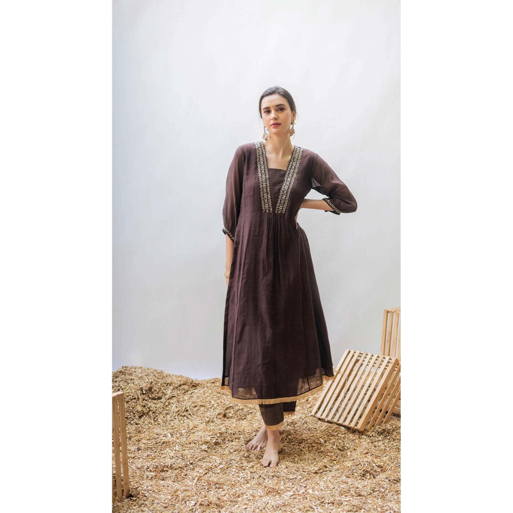 AM by Anita Mittal Brown Pure Cotton Yara A-Line Kurta with Pant and Dupatta