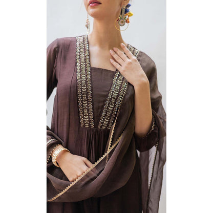 AM by Anita Mittal Brown Pure Cotton Yara A-Line Kurta with Pant and Dupatta