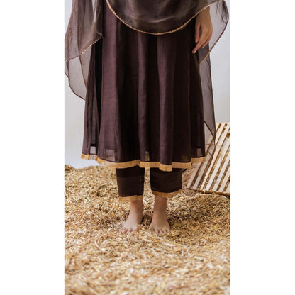 AM by Anita Mittal Brown Pure Cotton Yara A-Line Kurta with Pant and Dupatta