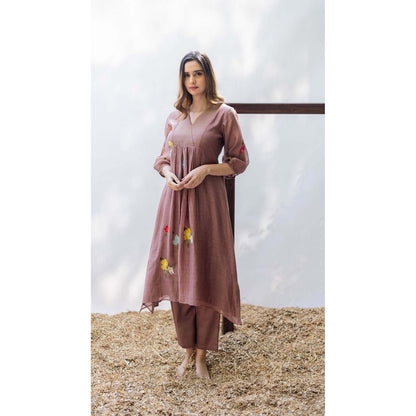 AM by Anita Mittal Brown Chanderi Zooni Kurta with Pant and Dupatta