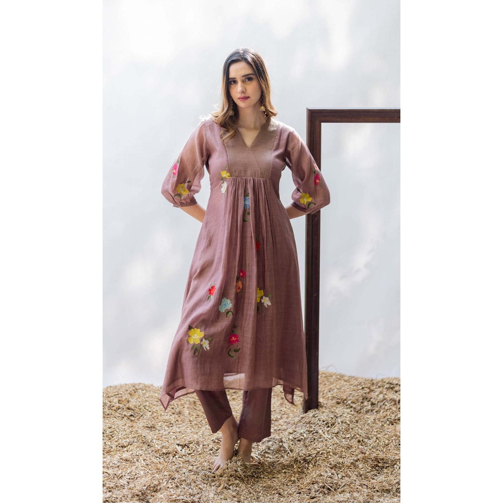 AM by Anita Mittal Brown Chanderi Zooni Kurta with Pant and Dupatta