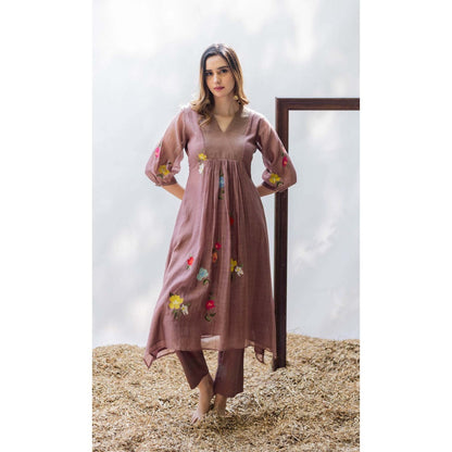 AM by Anita Mittal Brown Chanderi Zooni Kurta with Pant and Dupatta