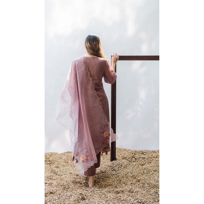 AM by Anita Mittal Brown Chanderi Zooni Kurta with Pant and Dupatta