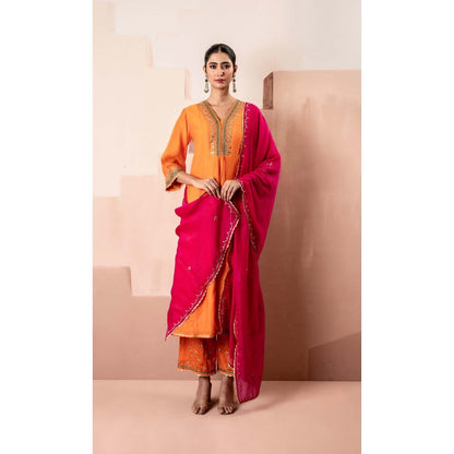 AM by Anita Mittal Orange Cotton Sunehri A-Line Anarkali Kurta with Pant and Dupatta