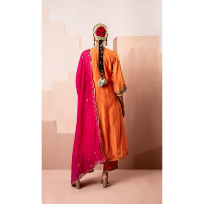 AM by Anita Mittal Orange Cotton Sunehri A-Line Anarkali Kurta with Pant and Dupatta