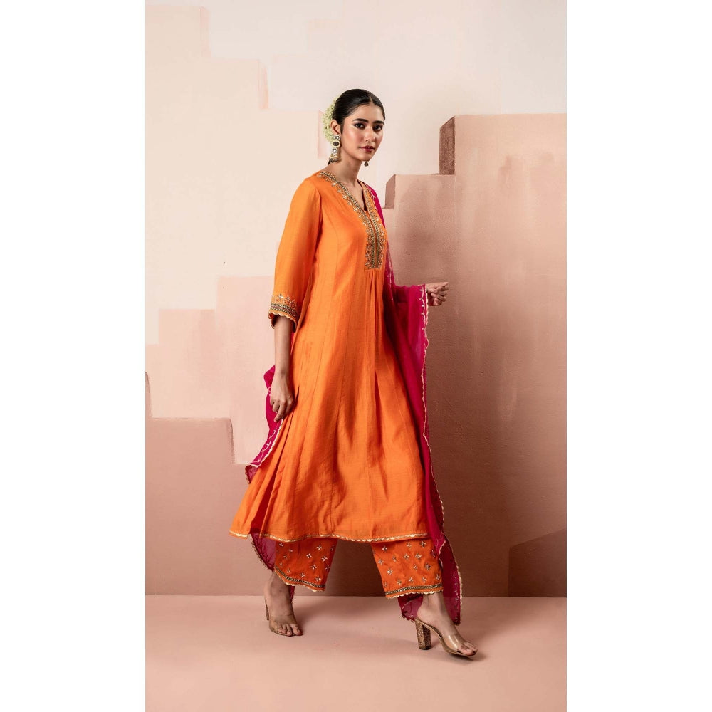 AM by Anita Mittal Orange Cotton Sunehri A-Line Anarkali Kurta with Pant and Dupatta