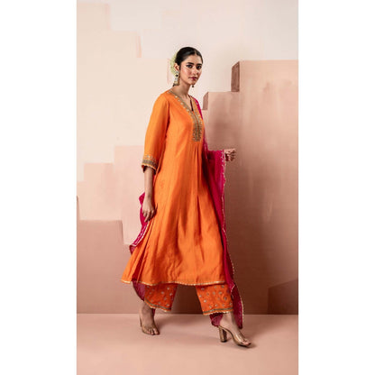 AM by Anita Mittal Orange Cotton Sunehri A-Line Anarkali Kurta with Pant and Dupatta
