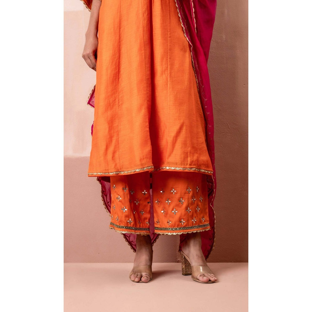 AM by Anita Mittal Orange Cotton Sunehri A-Line Anarkali Kurta with Pant and Dupatta