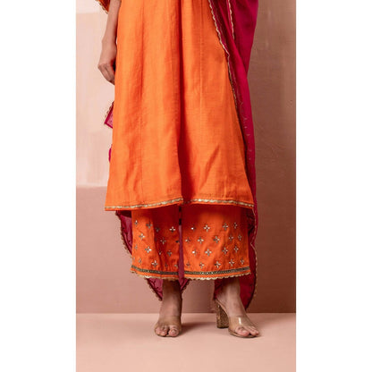AM by Anita Mittal Orange Cotton Sunehri A-Line Anarkali Kurta with Pant and Dupatta