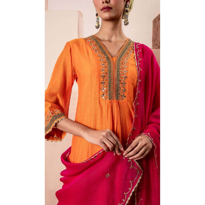 AM by Anita Mittal Orange Cotton Sunehri A-Line Anarkali Kurta with Pant and Dupatta