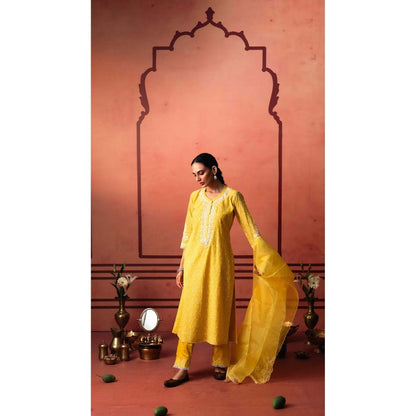 AM by Anita Mittal Yellow Kairi Kurta with Pant and Dupatta