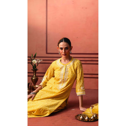 AM by Anita Mittal Yellow Kairi Kurta with Pant and Dupatta