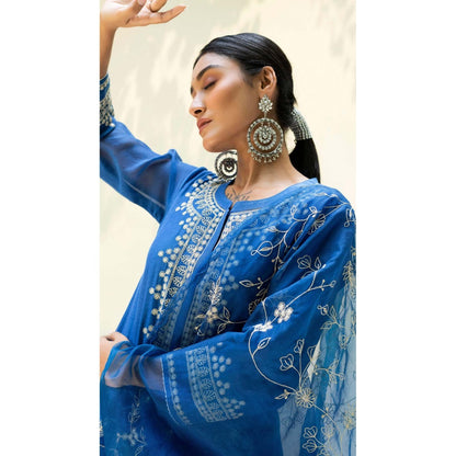 AM by Anita Mittal Blue Cotton Dastak Kurta with Pant and Dupatta