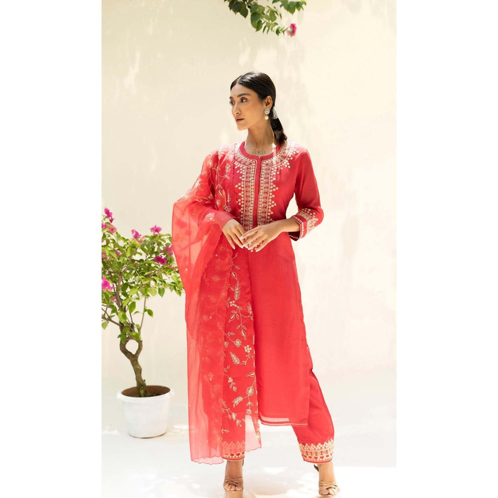 AM by Anita Mittal Red Cotton Dastak Kurta with Pant and Dupatta