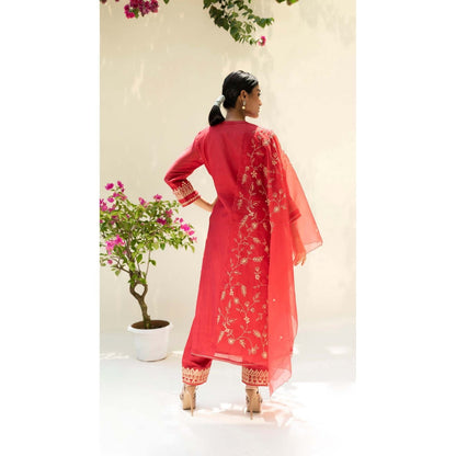AM by Anita Mittal Red Cotton Dastak Kurta with Pant and Dupatta